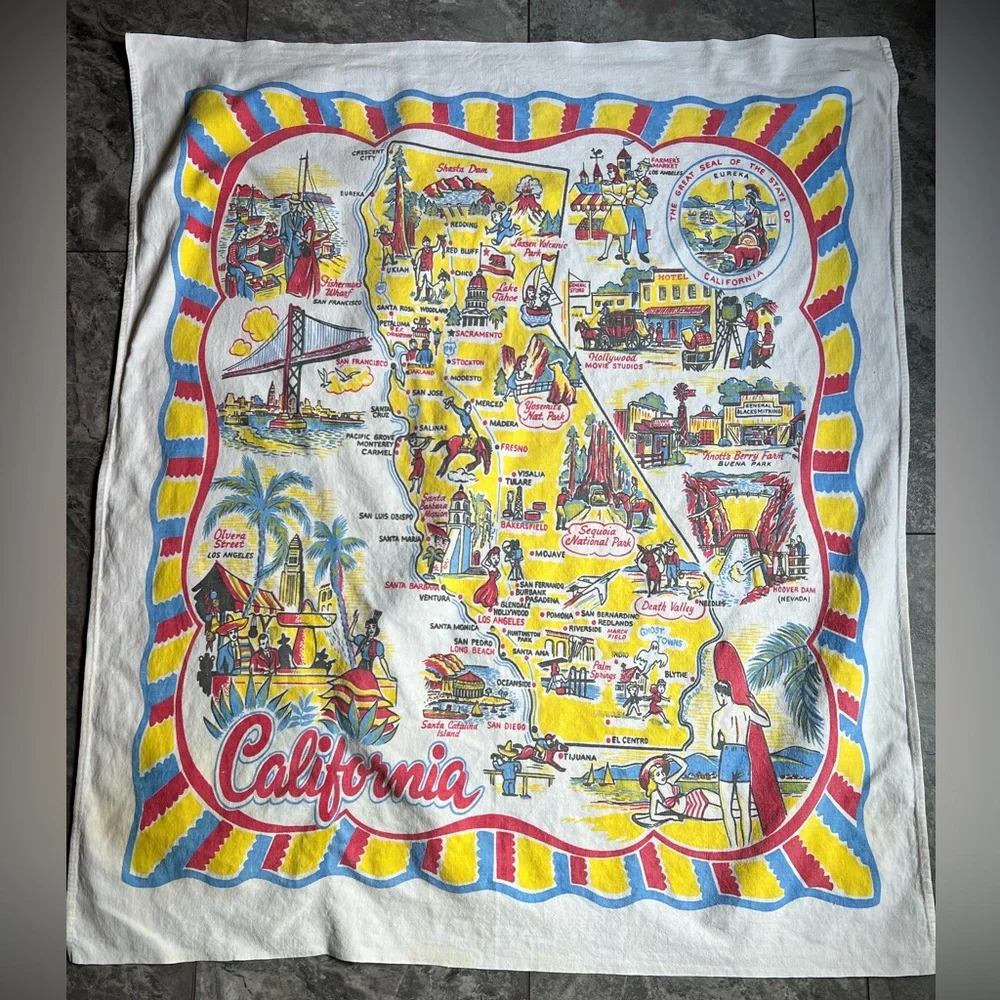 Vintage California Souvenir Map tablecloth red and Yellow Cotton 36” x 31”